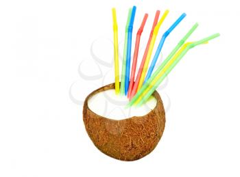 Coconut with a milk- shake and  multicolored cocktail straws isolated on white background. 