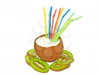 Coconut with a milk- shake,kiwi  isolated on white background.