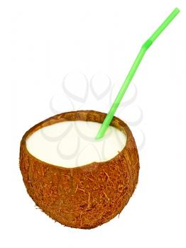 Coconut with a milk- shake and green cocktail straw. 