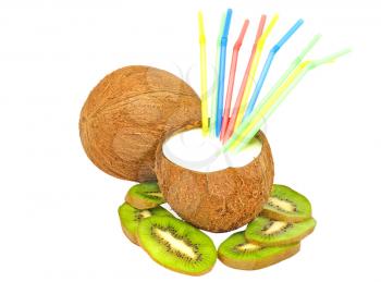 Coconut with a milk- shake,kiwi and  multicolored cocktail straws. 