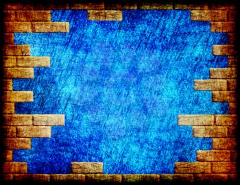 Blue grungy abstract background with yellow brick frame.Digitally generated image.
