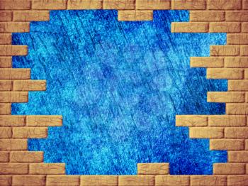 Grungy blue abstract background and yellow brick frame.Digitally generated image.