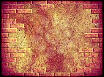 Grungy abstract background with yellow and purple brick frame border.Digitally generated image.