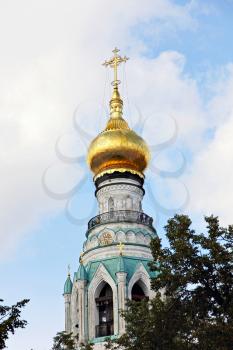 Belltower of St. Sophia Cathedral in Vologda,Russia on blue sky background.