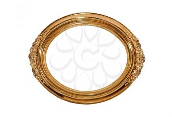 Golden oval picture frame isolated on white background.
