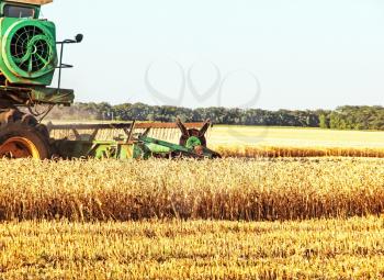 Combine harvester working in wheat field taken closeup.