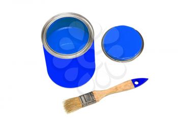 Bank of blue paint and paintbrush isolated on white background.