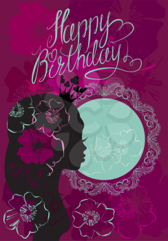 glamour girl portrait sillouette and lace round frame. Happy Birthday, little Princess card.