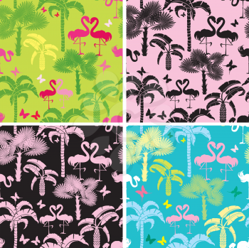 Set of seamless patterns with palm trees, butterflies and flamingos. Ready to use as swatch.