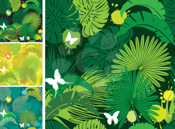 Set of seamless patterns with palm trees leaves and butterflies. Ready to use as swatch.