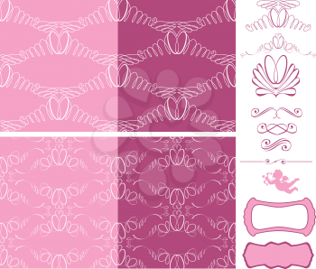 Set of wedding seamless patterns - ornaments with wedding rings in pink colors. Vintage frames and headers.