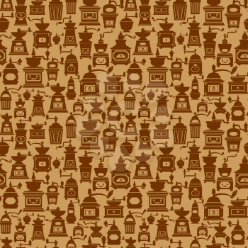 Seamless pattern with different shapes vintage coffee mills silhouettes. Background design for cafe or restaurant menu.