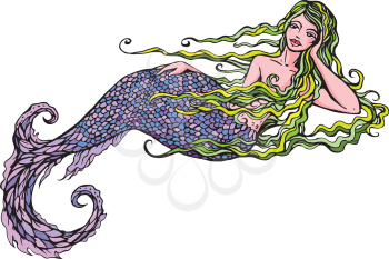 Hand drawn Illustration of a Beautiful mermaid girl isolated on white background.