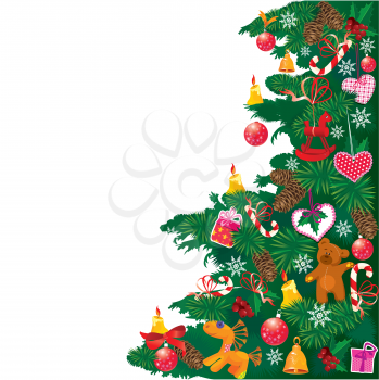 Christmas tree with accessories isolated on white background with empty space for your text