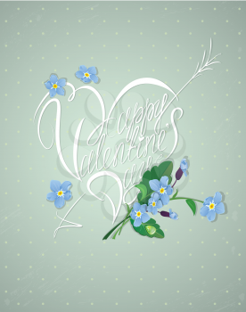 Valentine's day retro style card with handwritten text Happy Valentines Day in big heart shape, forget me not flowers on blue polka dots background