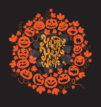 Halloween card - orange silhouette of pumpkins on black background. Card with calligraphic text Happy Halloween.