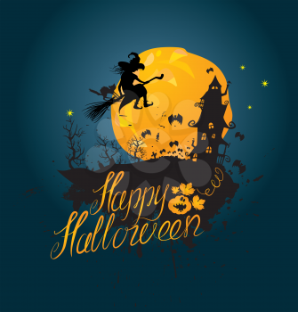 Halloween night: silhouette of witch and cat flying on broom to mystery house. Card with calligraphic text Happy Halloween