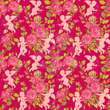 Holiday Seamless pattern with cute angels and pink roses flowers. Background for Happy Valentines Day, wedding vintage design.