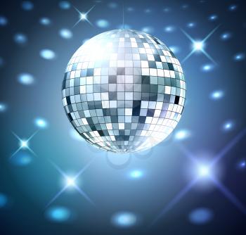 Silver disco ball on glowing background. Vector illustration.