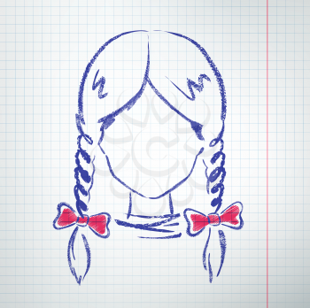 Female avatar with pigtails and bows. Vector sketch.