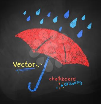 Color chalked vector illustration of rain drops and red umbrella.