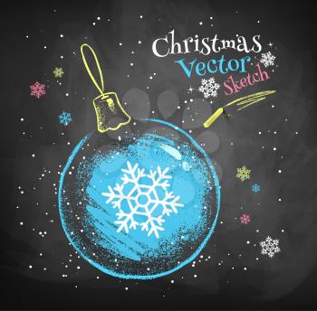 Color chalk vector sketch of Christmas ball on black chalkboard background. 