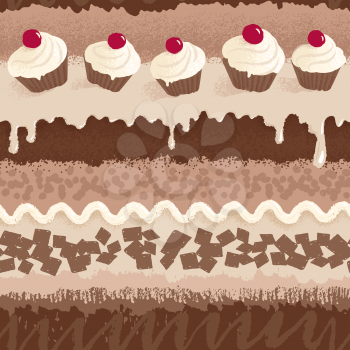 Seamless pattern with cupcakes, cherries, cream and chocolate chips, vector grunge background.