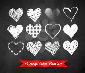 Vector chalk drawn collection of grunge Valentine hearts on blackboard background.