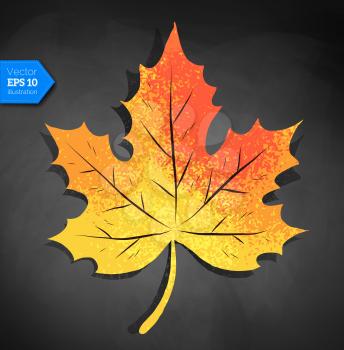 Vector top view illustration of yellow autumn maple leaf lying on black chalkboard background.