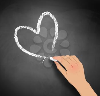 Vector illustration of hand drawing heart with chalk on blackboard background.
