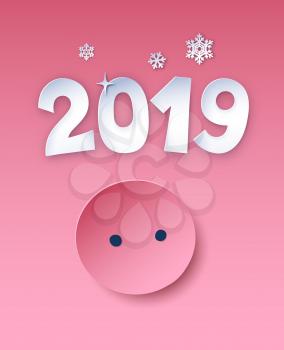 Vector cut paper art style illustration of 2019 New Year postcard with Pig nose on pink background.