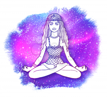 Vector illustration of young woman sitting at pose of lotus and meditating on violet abstract vector grunge watercolor background with glowing outer space.