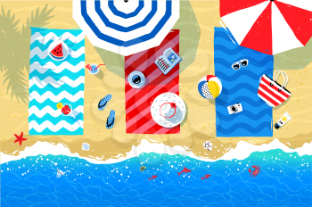 Summer vector illustration of beach mats and seaside accessories on sand background and sea surf.