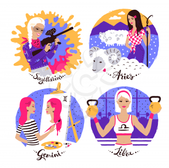 Collection of Zodiac signs illustrations set with female characters.