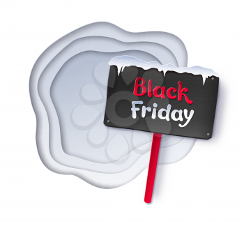 Vector cut paper art style illustration of Black Friday sale signboard with snow  and white layered shapes banner.