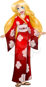 Vector illustration of a caucasian blond woman in traditional red japanese kimono.