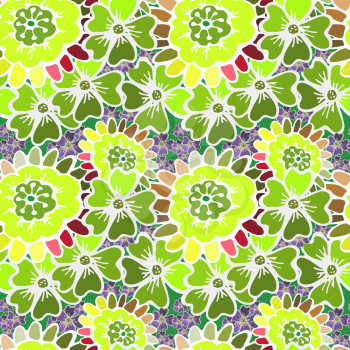 Vector seamless pattern background with hand drawn vibrant ornate flowers and leaves on green background