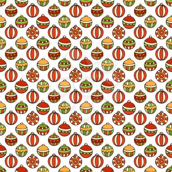 Bright set of Christmas tree baubles on white background. Doodles hand-drawn boundless background.