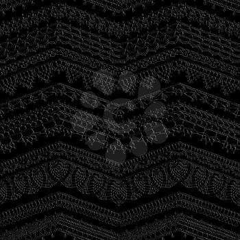 Hand-drawn boundless background. Horizontal zigzag knitted crochet texture, handmade lacy zigzag decorations on black background.