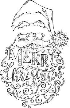 Santa Claus face with lettering in his beard. Hand-drawn vector illustration. Can be used for colouring book.