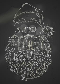 Hand-drawn chalk contour of Santa Claus face. Hat with pompon, glasses and curly beard with swirls and congratulations.