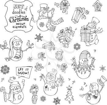 Snowman with candy, Christmas gifts, garland, birds, hat and candy cane. Hand-drawn elements for colouring book. Christmas tree, music notes and birdhouse.