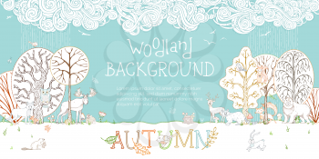 Adorable woodland wild animals and birds in forest. Fox, deer, hare, squirrel, bear, racoon, hedgehog, owl, beaver. Autumn wet weather. Trees and falling leaves.