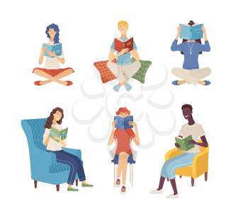 People reading books while sitting on floor and in armchairs. Young men and women holding books. Diverse characters in flat cartoon style. Literary fans and book lovers isolated vector illustration.