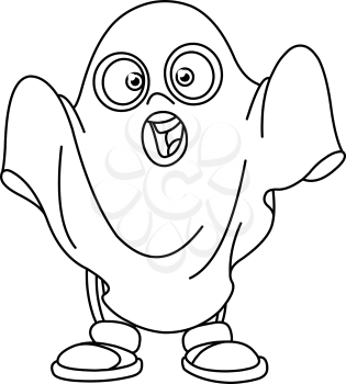 Outlined cute kid in a ghost costume celebrating Halloween. Vector lined art illustration coloring page.