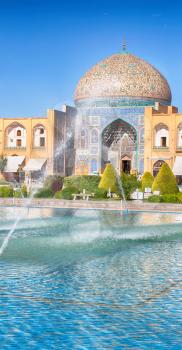 in iran old square mosque and fountain water backlight