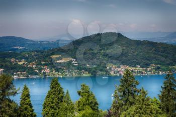 in italy landscape panorama of lake and mountain hill beautiful destination