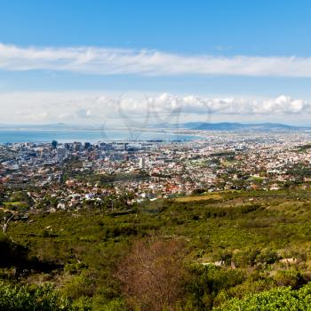 blur  in south africa cape town city skyline from table mountain sky ocean and house