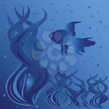 Composition of fish floating around aquatic plants, phantasmagoric hand drawing vector illustration in blue tints