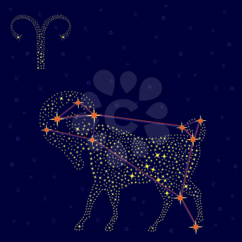 Zodiac sign Aries on a background of the starry sky with the scheme of stars in the constellation, vector illustration